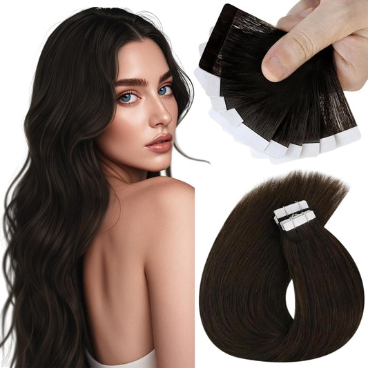 Sunny Hair Dark Brown Hair Extensions Tape Invisible Tape in Extensions Real Human Hair Straight Tape in Hair Extensions Human Hair Remy Tape in Brown Hair Extensions for Short 25G 12inch