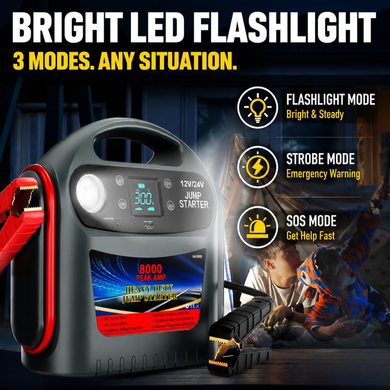 8000A Car Battery Jump Starter, Heavy Duty Jump Box for Gas & Diesel Vehicles, 12V/24V Portable Power Pack with LED Light for Trucks, SUVs, Commercial & Diesel Engines