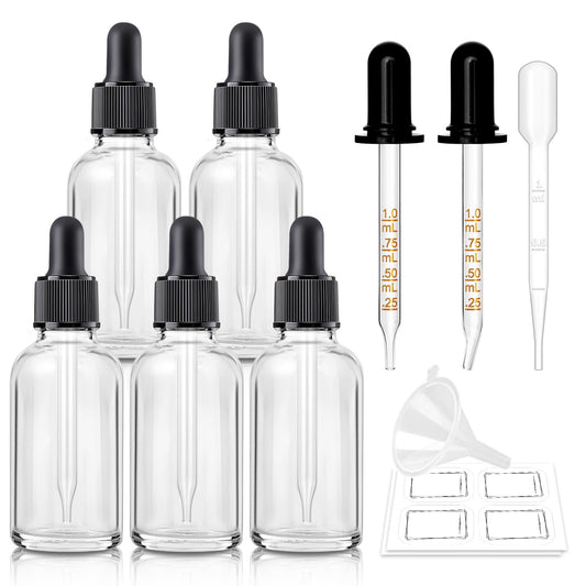 Bumobum 5 Pcs, 1 oz Clear Dropper Bottle with 2 Extra Glass Dropper, 1 Funnel, 1 Pipette, 8 Labels 30 ml Eye Dropper Bottle for Essential Oils Serums Hair Oils Body Cuticle Oils