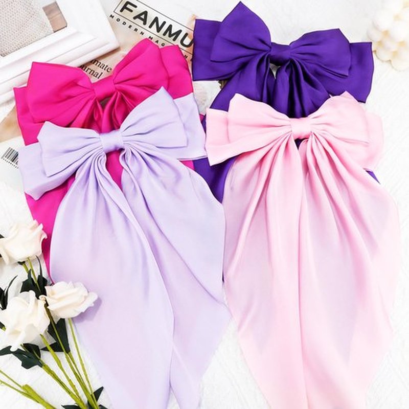 Atoden Hair Bows Silky Satin Bows for Hair Ribbons 4Pcs Coquette Oversized Long Tail Hair Bow Clips Barrettes Big Bowknot Hair Accessories for Women Girl Trendy Stuff Gifts (Pink Purple)