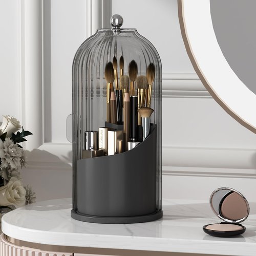 YOOLENS Makeup Brush Holder Organizer with Lid,360 Rotating Clear Dustproof Makeup Brushes Organizer for Vanity Desktop Bathroom Countertop, Black