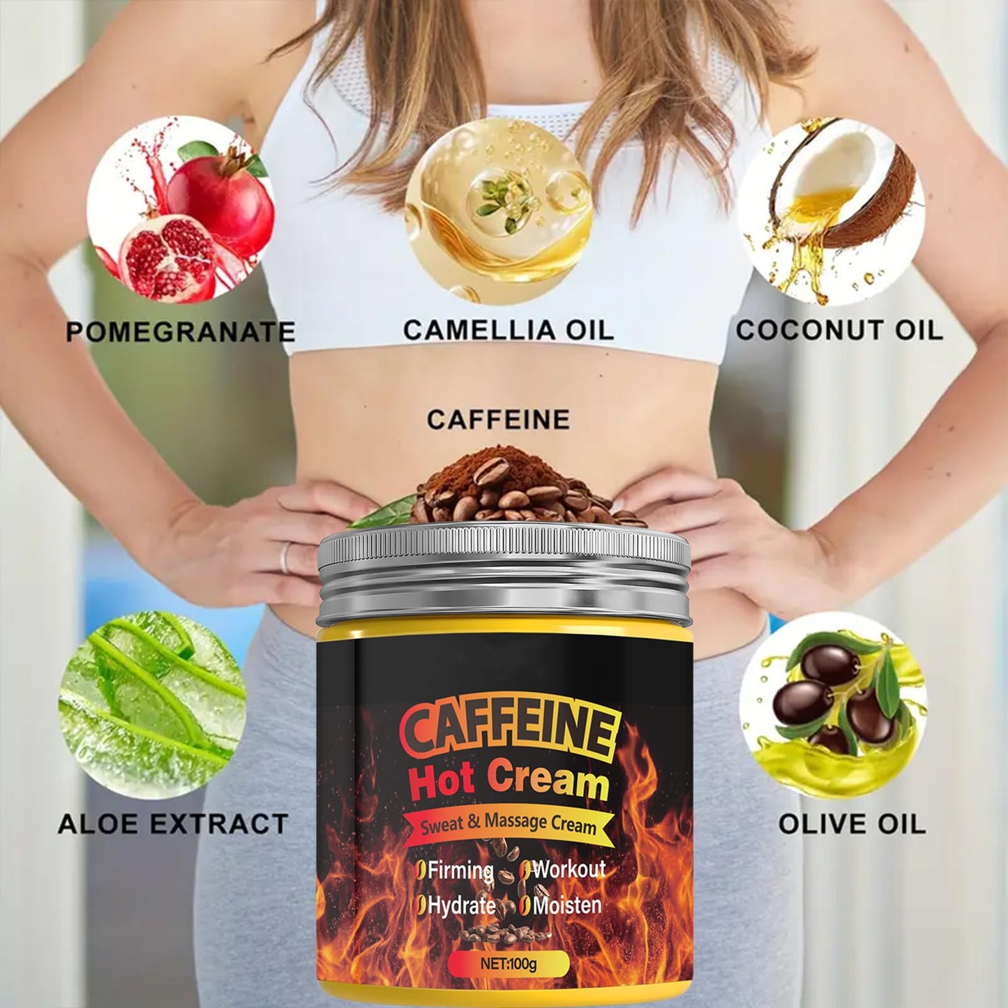 Caffeine Hot Cream，Sweat & Massage Cream，Belly Fat Burner Sweat Enhancer，Burns cellulite on thighs, legs, abdomen and buttocks，Suitable for both men and women，100g