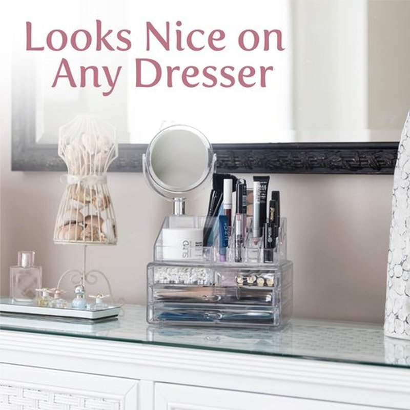 Masisrs Clear Makeup Organizer With Mirror - Cosmetic Storage Organizer - 16 Compartments - Easily Sort Make Up & Jewelry - 4 Drawer Vanity Organizer - Elegant Look - Clear Design - Makeup Holder