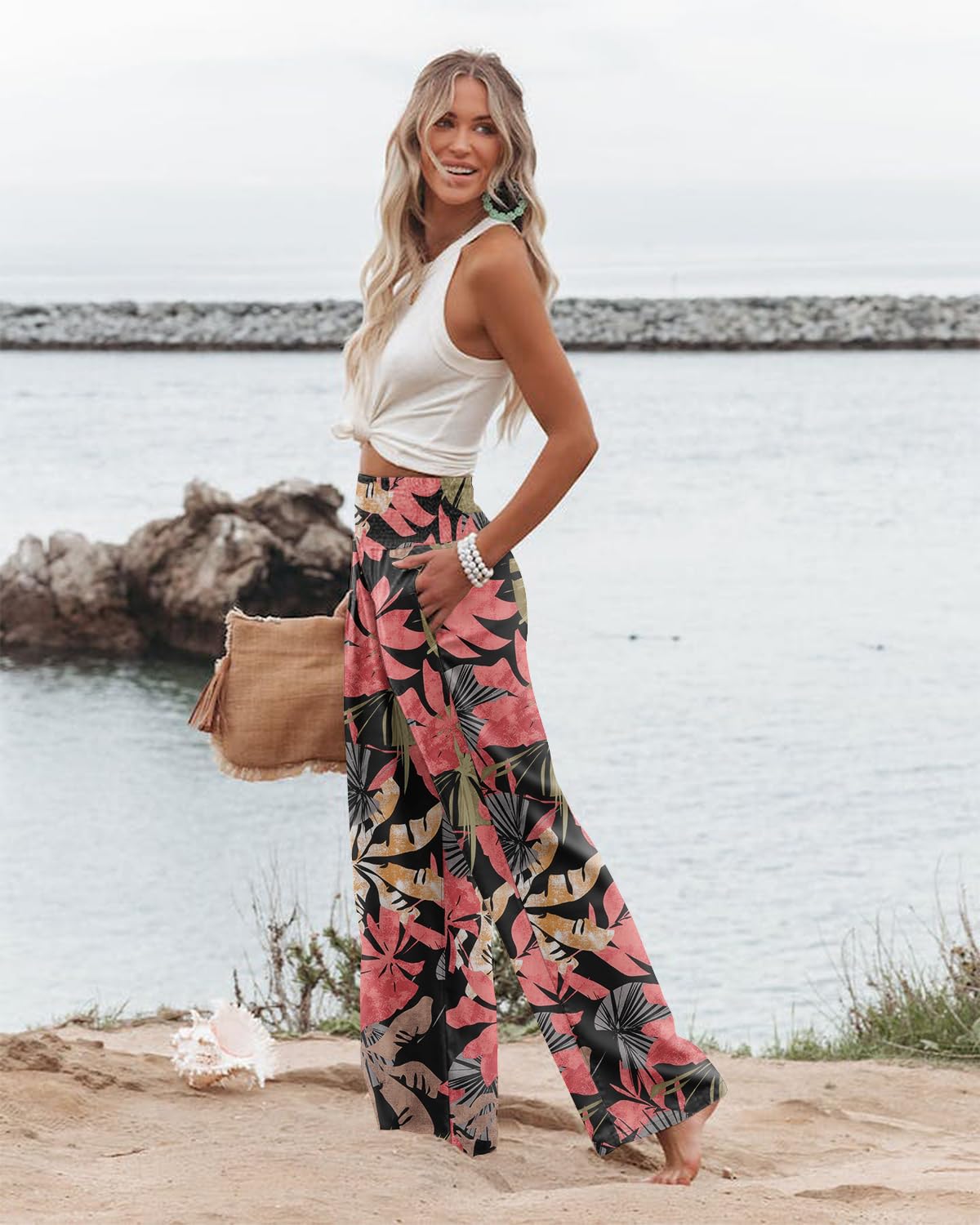 Angerella Womens Smocked Elastic Waisted Palazzo Pants Casual Wide Leg Floral Printed Long Lounge Pant Trousers with Pocket BlackCoral M