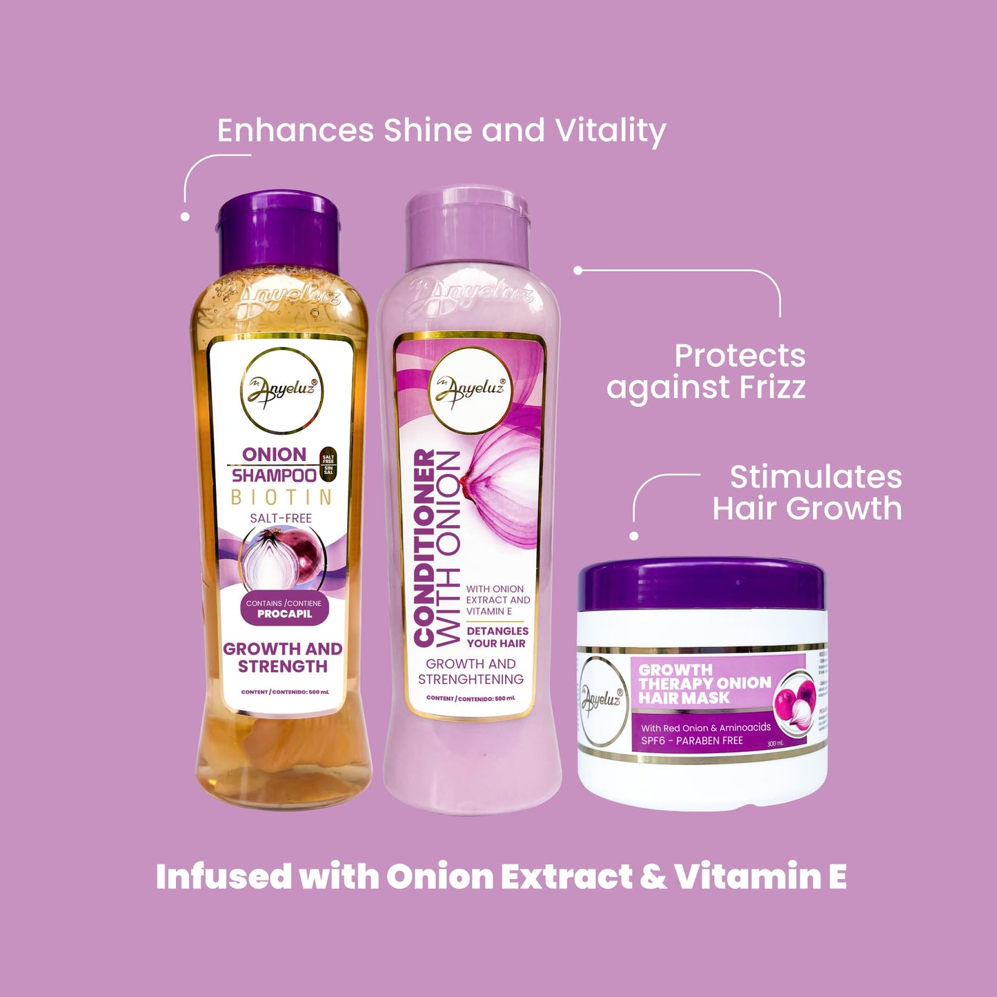 ANYELUZ Onion Shampoo, Conditioner and Hair Mask set, with Onion Extract and Vitamin E, Cleanses and Reduces Oiliness, for all Hair Types