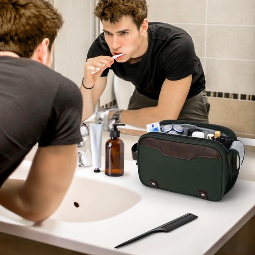 Wedama Toiletry Bag for Men, Medium Hanging Travel Toiletry Bag, Extra Electronic Organizer Bag Waterproof Travel Bag for Toiletries with PU Handle for Travel Trips Swim Camping, Green+ Brown