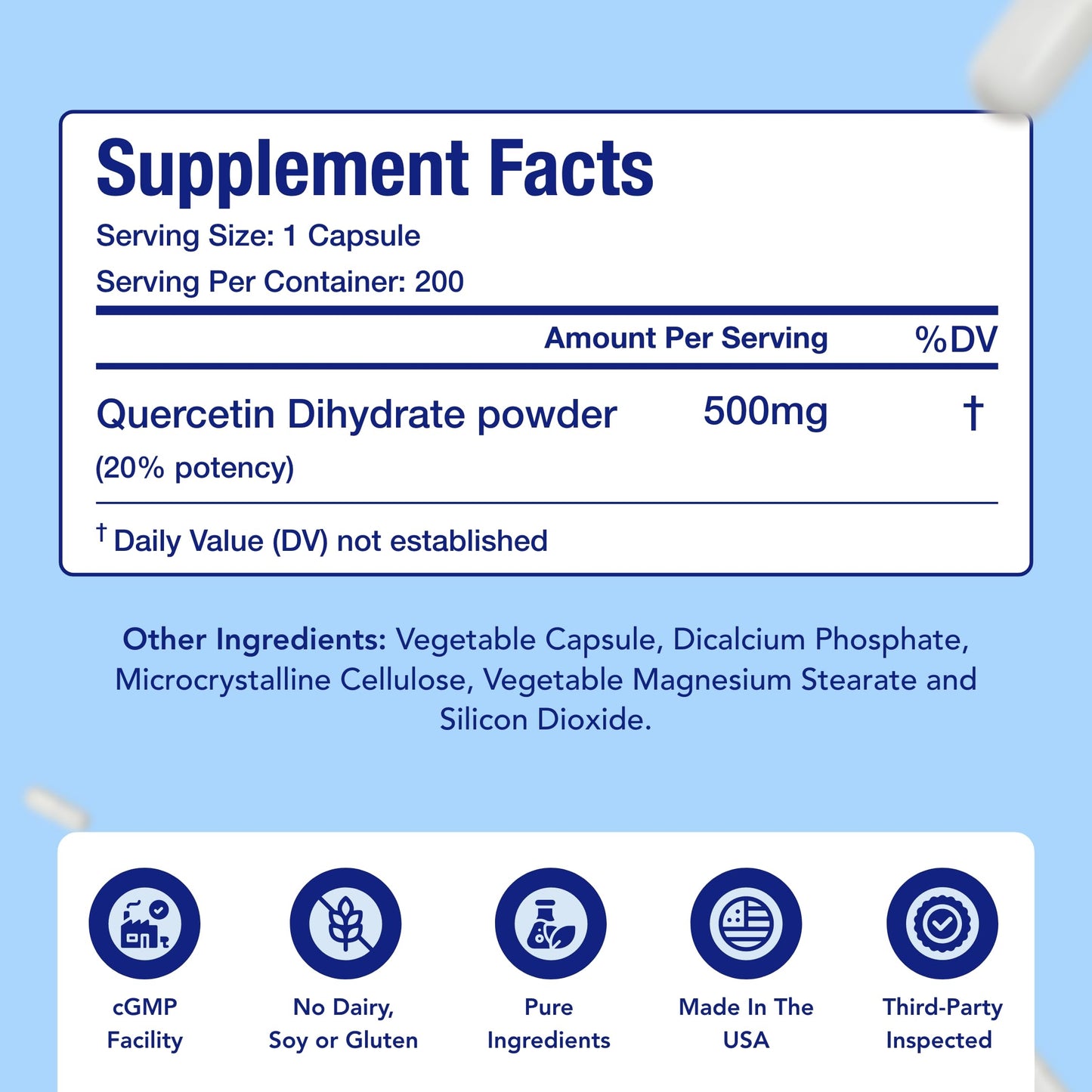 Quercetin 500mg Capsules | Vegan Friendly Quercetin Dihydrate High Potency Antioxidant Supplement for Skin Heart and Immune Support | Gluten-Free | Made in the USA in GMP Facilities (200 Servings)