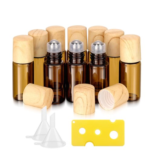 Newzoll 3ml Amber Glass Roller Vials Bottles 10Pcs Essential Oil Roller Bottles Empty Glass Roll-on Bottles for Essential Oil Perfumes Lip Balms