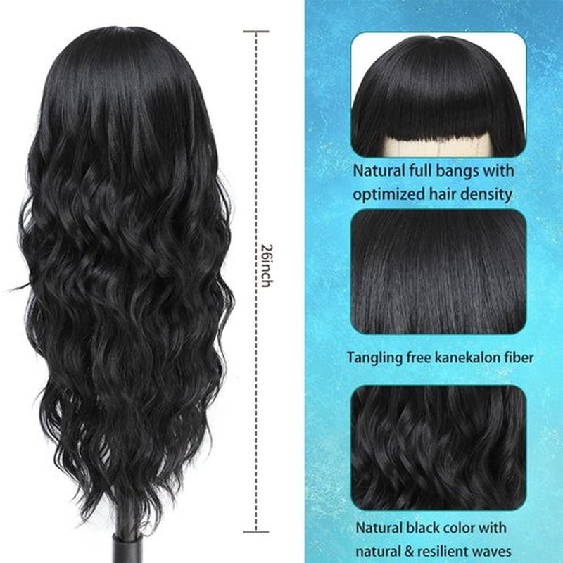 Black Wig with Bangs Long Wavy Black Wigs for Women 26Inch Synthetic Natural Looking Hair Replacement Wig for Daily Party Use Cosplay Costume Halloween Wig