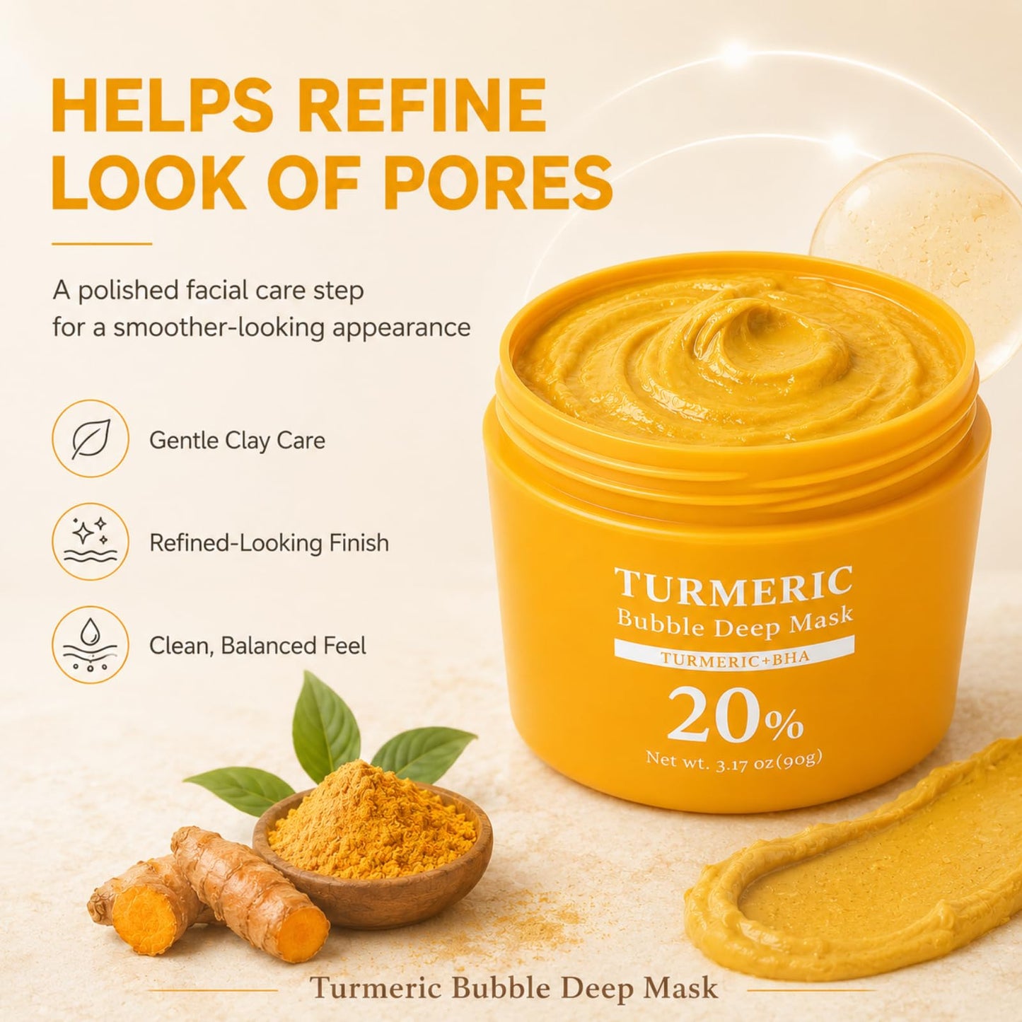 Turmeric Bubble Deep Mask - Oxygenating Clay Mask for Smoothing Skin, Helps Refine Look of Pores, Skin Balancing Facial Care(90g / 3.17 oz) (Turmeric)