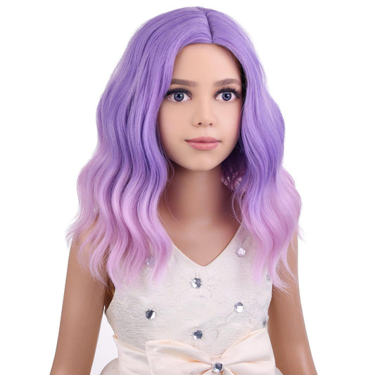 PATTNIUM Kids Child Purple Wig Short Curly Wig Lavender Purple Wig for Kids Light Purple Pink Wig Cosplay Halloween Party Costume Synthetic Hair Girls Wig (Purple Ombre Pink)