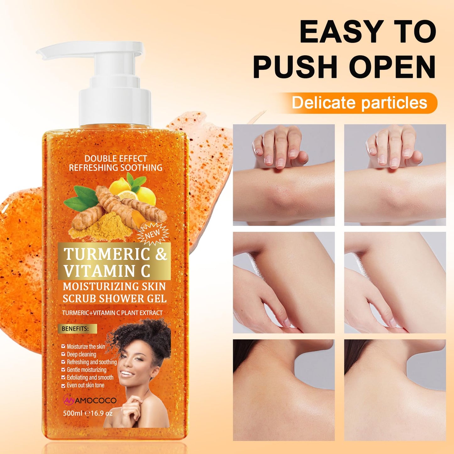 Amococo Vitamin C Turmeric Body Scrub Body Wash, Gentle Exfoliating Shower Gel with Fine Scrub Particles, Hydrating & Moisturizing Daily Cleanser Shower Gel, Unisex, 16.9 fl oz