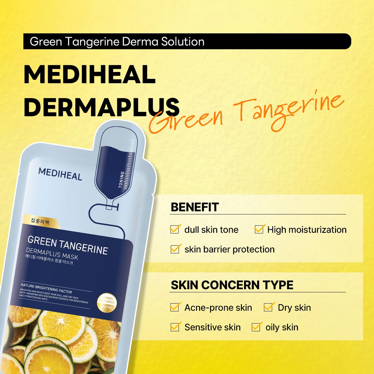 Mediheal Dermaplus Green Tangerine Mask (10 Counts) - Daily Vegan Mask for Toning Skin with Panthenol & Hyaluron, Korean Self Skin Care Sheet Mask