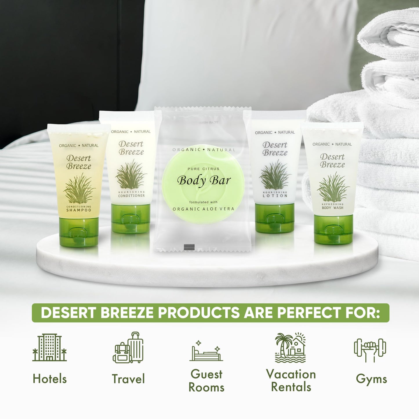 Travel Size Hotel Toiletry Set 300 Count 1 oz Bottles Guest Amenities for Vacation Rentals and Short Term Rentals Paraben Free Green Tea Lemongrass Scent Infused with Aloe and Olive Oil |Desert Breeze