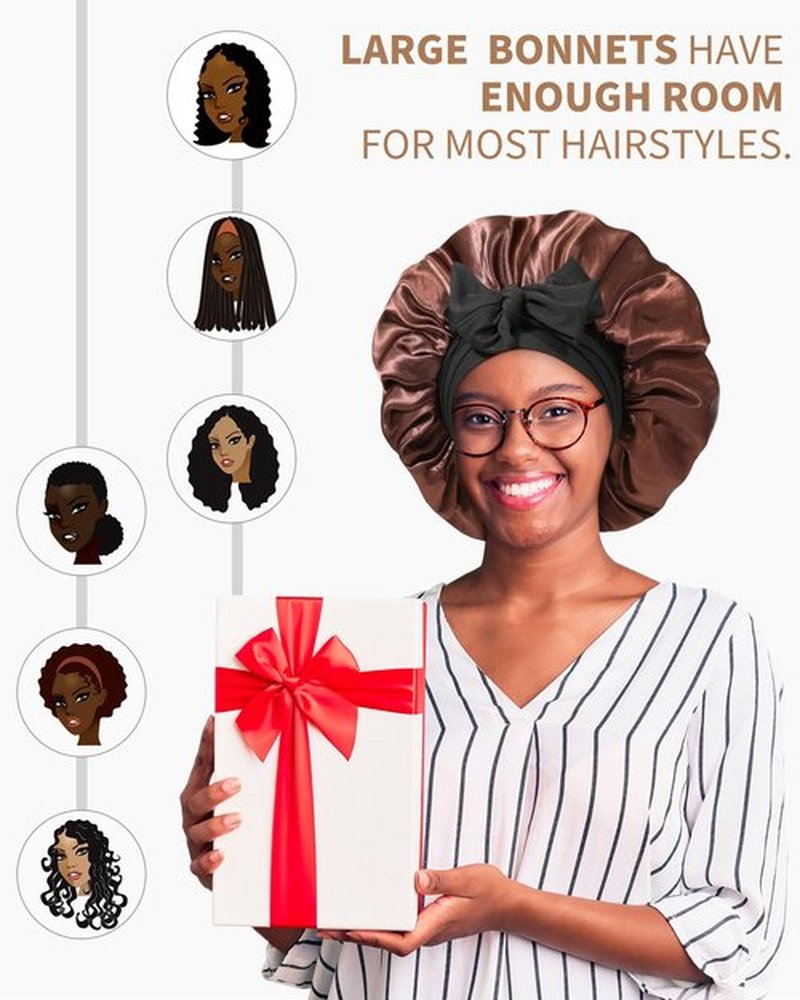 Satin Bonnet for Women Silk Bonnets for Sleeping Curly Hair Bonnet with Elastic Tie Band Reversible Double Layer Sleep Cap Hair Wrap (Black +Brown)