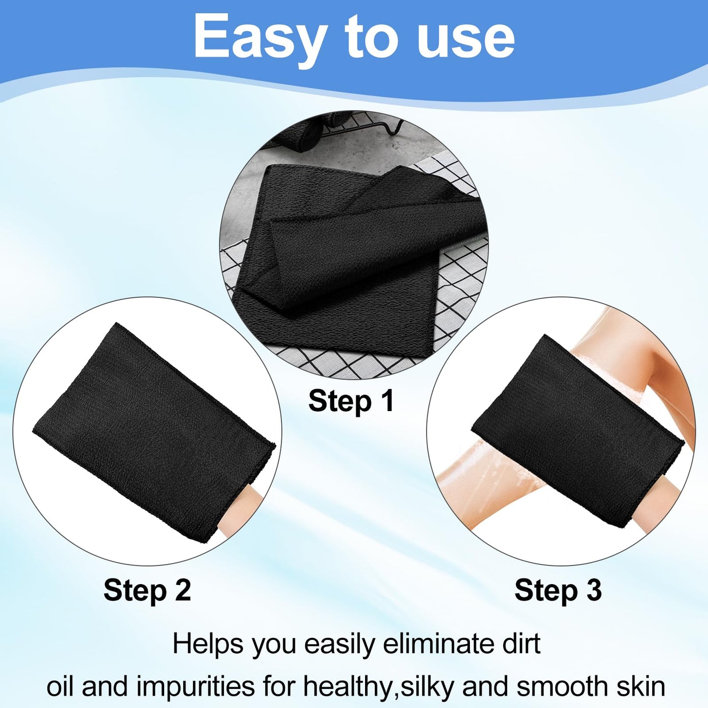 Tatuo 12 Pack Korean Exfoliating Mitt & Cloth, Viscose Rayon Dead Skin Remover Washcloth, Multi Color Body Scrub Towel for Shower Spa Travel(Large,Black)