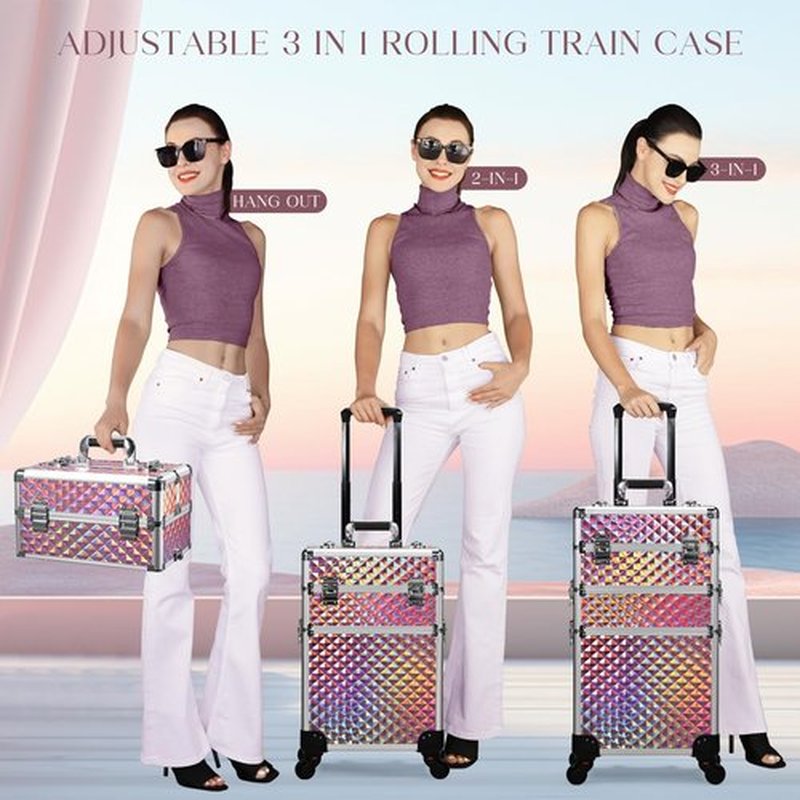 FRENESSA 3 in 1 Rolling Makeup Train Case Portable Cosmetic Trolley Large Storage for Professional with 360° Swivel Wheels Salon Barber Case Traveling Cart Trunk - Glitter Pink