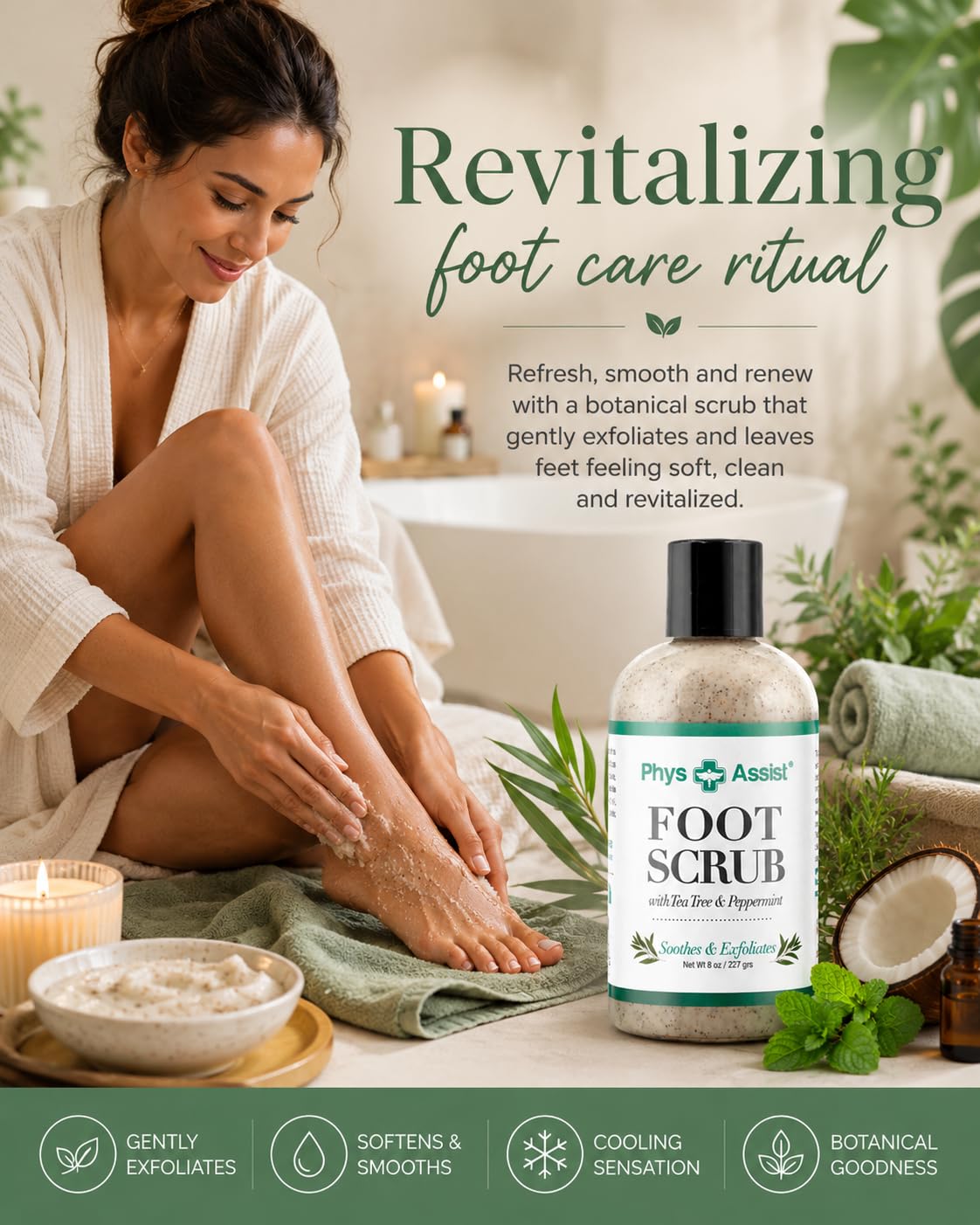 PhysAssist Foot Scrub – Exfoliating & Hydrating Foot Care Scrub for Dry, Rough Feet – Tea Tree, Peppermint & Apricot Seed Exfoliation – 8 oz Bottle