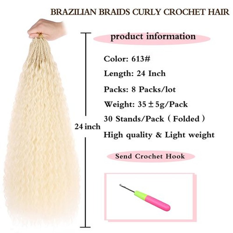 Xtrend 24 Inch Pre looped Brazilian Braids Curly Crochet Hair 8 Packs Water Wave Crochet Hair Afro Kinky Curly Blond Braiding Hair Deep Wave Synthetic Mini Boho Braids For Women(30 Strands/Pack，613#)