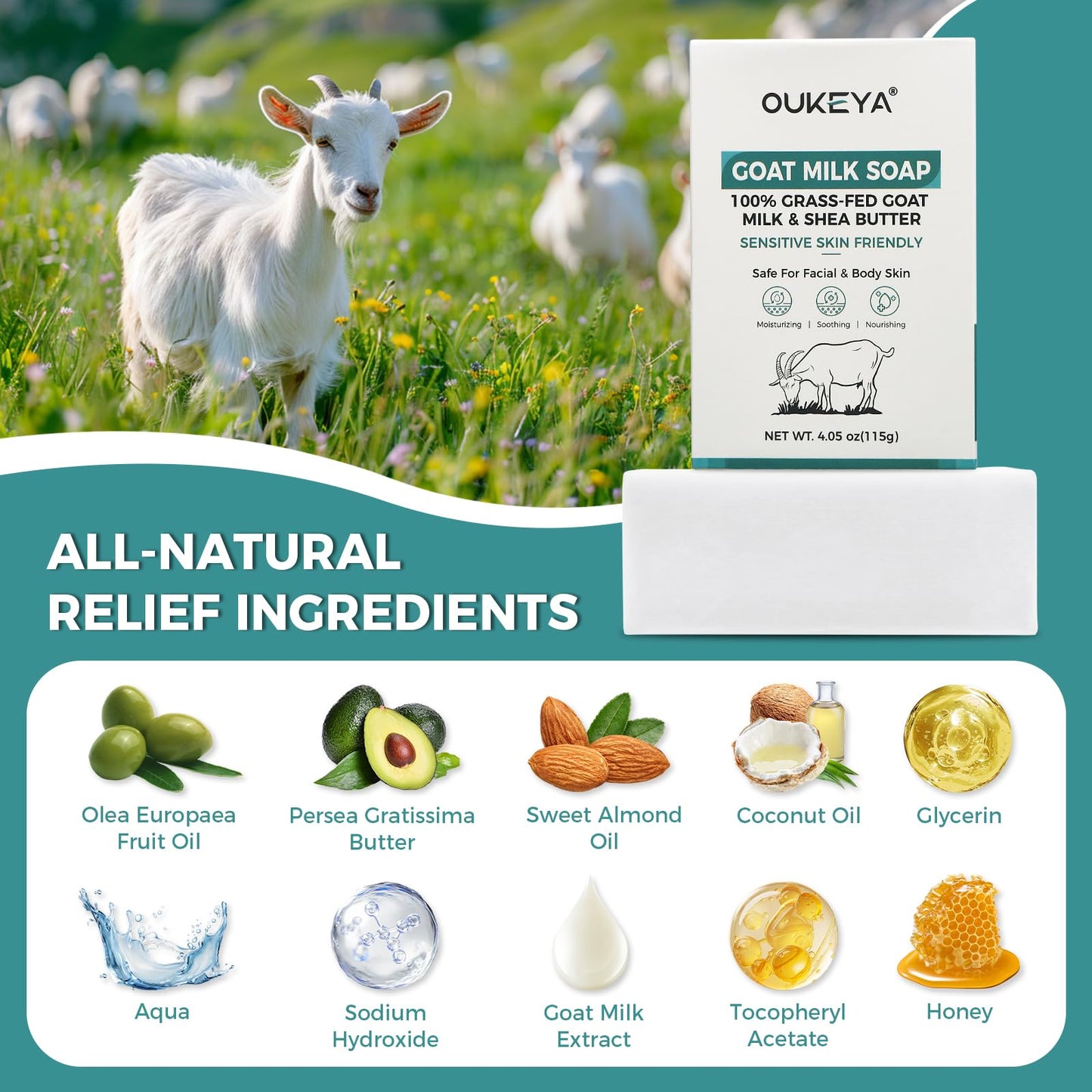 OUKEYA Goat Milk Soap Bar, Natural Goats Soap, Moisturising & Gentle Cleanser for Face & Body, Solid Soap Bars for Dry Sensitive Skin, No Harsh Chemicals, with Hanging Foaming, 4.05oz(1pack)