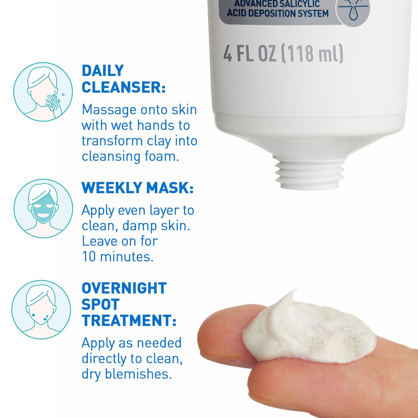 CeraVe Clay To Foam Acne Face Wash,Salicylic Acid & Kaolin Clay Acne Spot Treatment Clears Pimples & Blackheads, Prevents Breakouts, Hydrates & Soothes, Fragrance-Free, Non-Comedogenic,4oz,(Pack of 2)