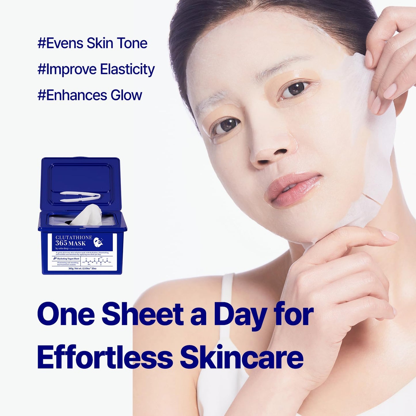 Color Deep Glutathione 365 Mask(1pack, 30sheets, 360g)/ 99% Pure Glutathione, 100% Plant-Based Vegan Sheet quick all-in-one skin solution mask with hydration, illuminating, and wrinkle care functions