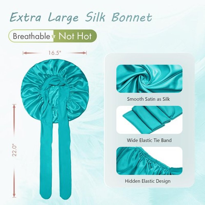 BONNET QUEEN Large Satin Bonnet Silk Bonnet for Sleeping Women Hair Bonnet Big Bonnet Night Sleep Cap Scarf Wrap for Curly Hair with Tie Band Aqua