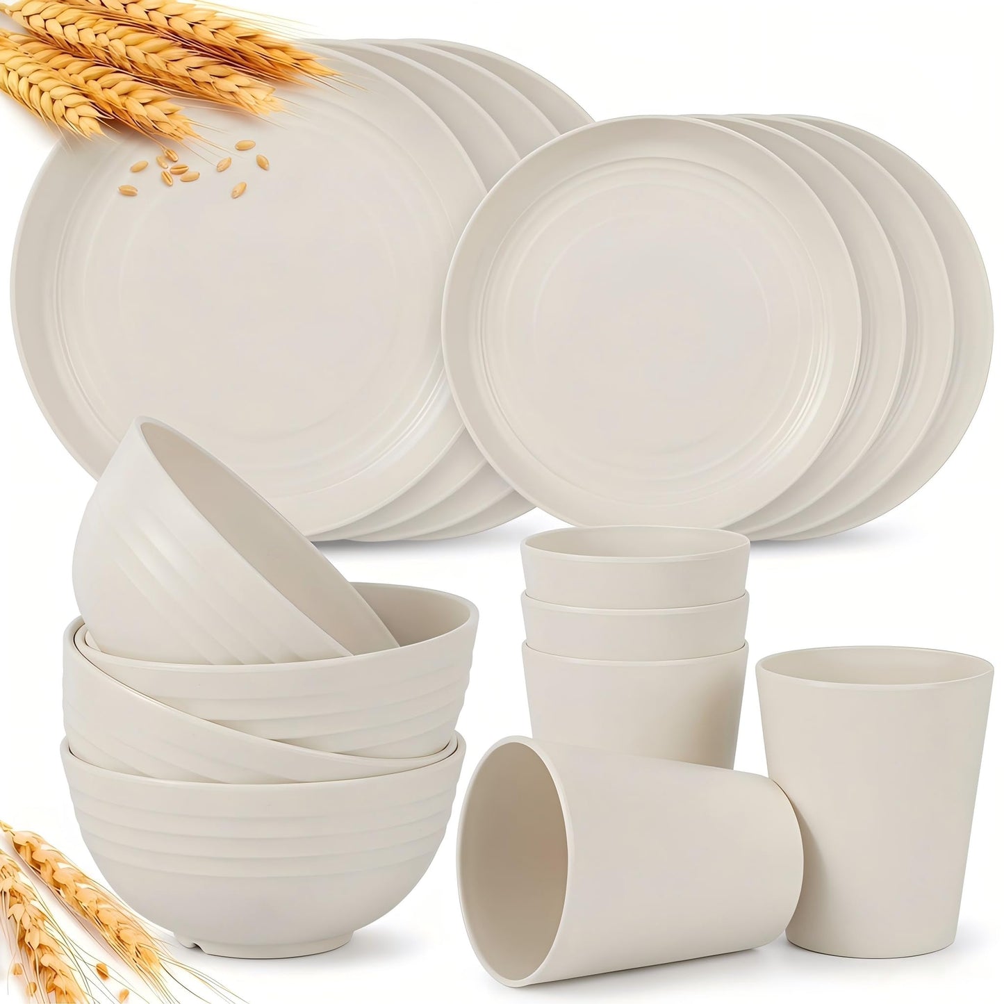 16 Pieces Plates and Bowls Sets for 4,Reusable Dishwasher Safe,Unbreakable Wheat Straw Dinnerware Sets of Dishes for Camping,Party,Outdoor Kitchen and RV Essentials(Beige)