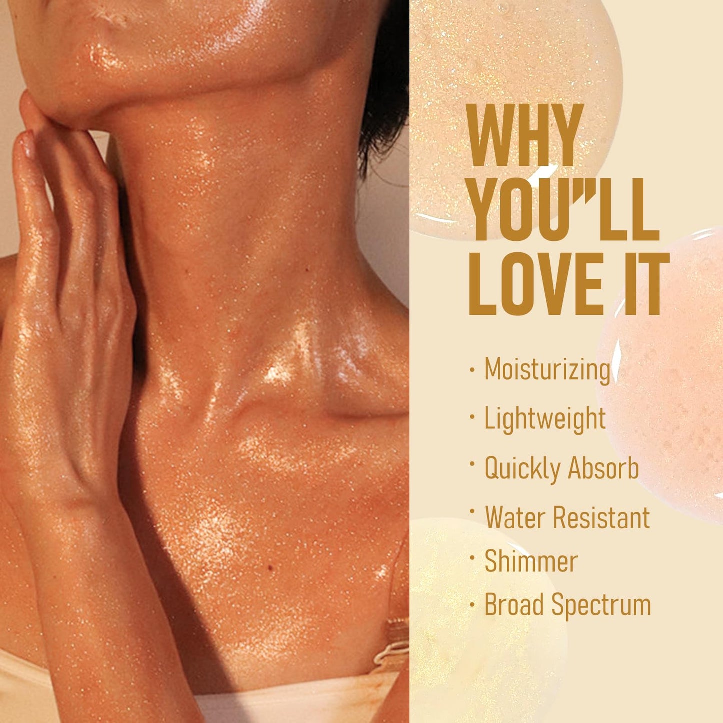 FREEORR Sunscreen Body Glow Oil, Broad Spectrum SPF 45, Lightweight Waterproof Moisturizing Coconut Shimmer Oil with Gold Mica, Travel Size Summer Sunscreen Skin Illuminator-GOLD, 3.38 fl oz