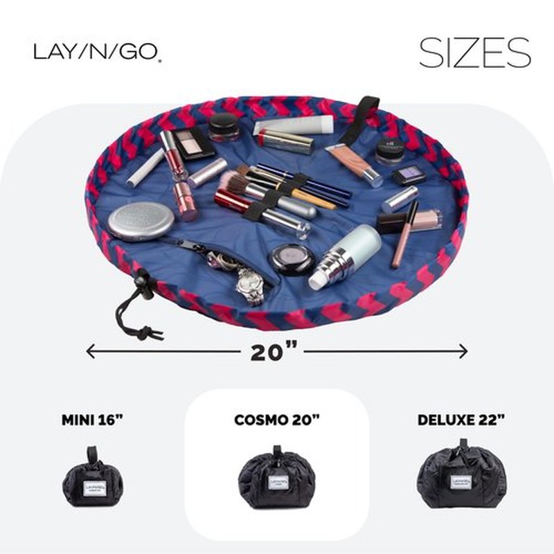 Lay-n-Go Cosmo Drawstring Cosmetic & Makeup Bag Organizer - Portable Drawstring Makeup Bag w/Zipper Pocket, Makeup Loops & More - Durable, Machine Washable Makeup Bag for Travel (20”, Pink Chevron)