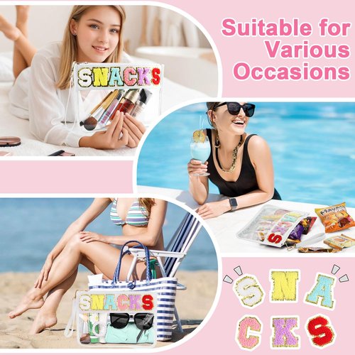 TESAFNG Snack Bag for Travel - Clear Chenille Varsity Letter Flat Pouch with Zipper, Waterproof Clear PVC&PU Preppy Patch Makeup Cosmetic tote Bags for Women Girls (White-Snacks)