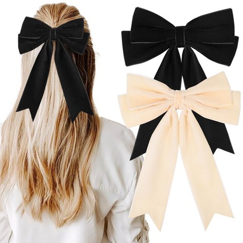 2PCS Velvet Bows Hair Clip Ribbon Black Beige Accessories Ponytail Holder Hair Bow for Women Girls Toddlers Teens Kids