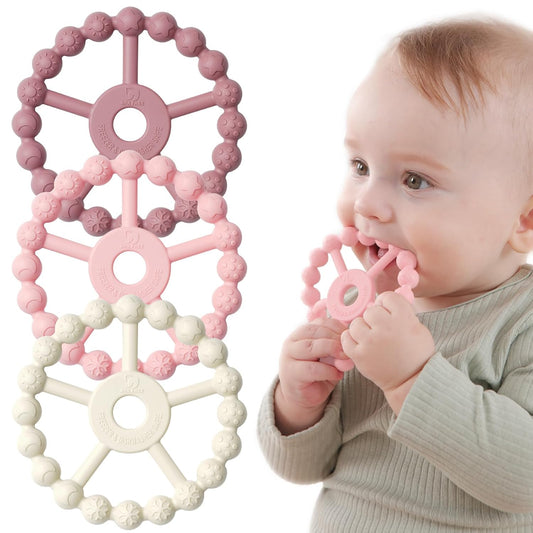 Silicone Teething Ring Toys for Babies | 3-Pack Infant Teether Set - Purple, Pink, White - 0-24 Months
