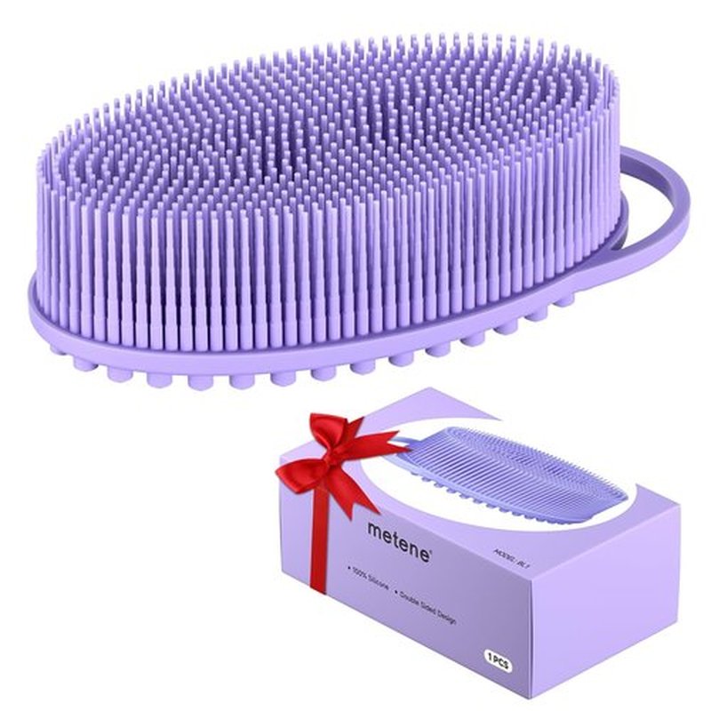 Metene Silicone Exfoliating Body Scrubber with Loop, Body Scrubber for Men and Women, Silicone Loofah for Shower, Soft Silicone Body Scrubber for Shower and Bath Skincare Routine (Purple)