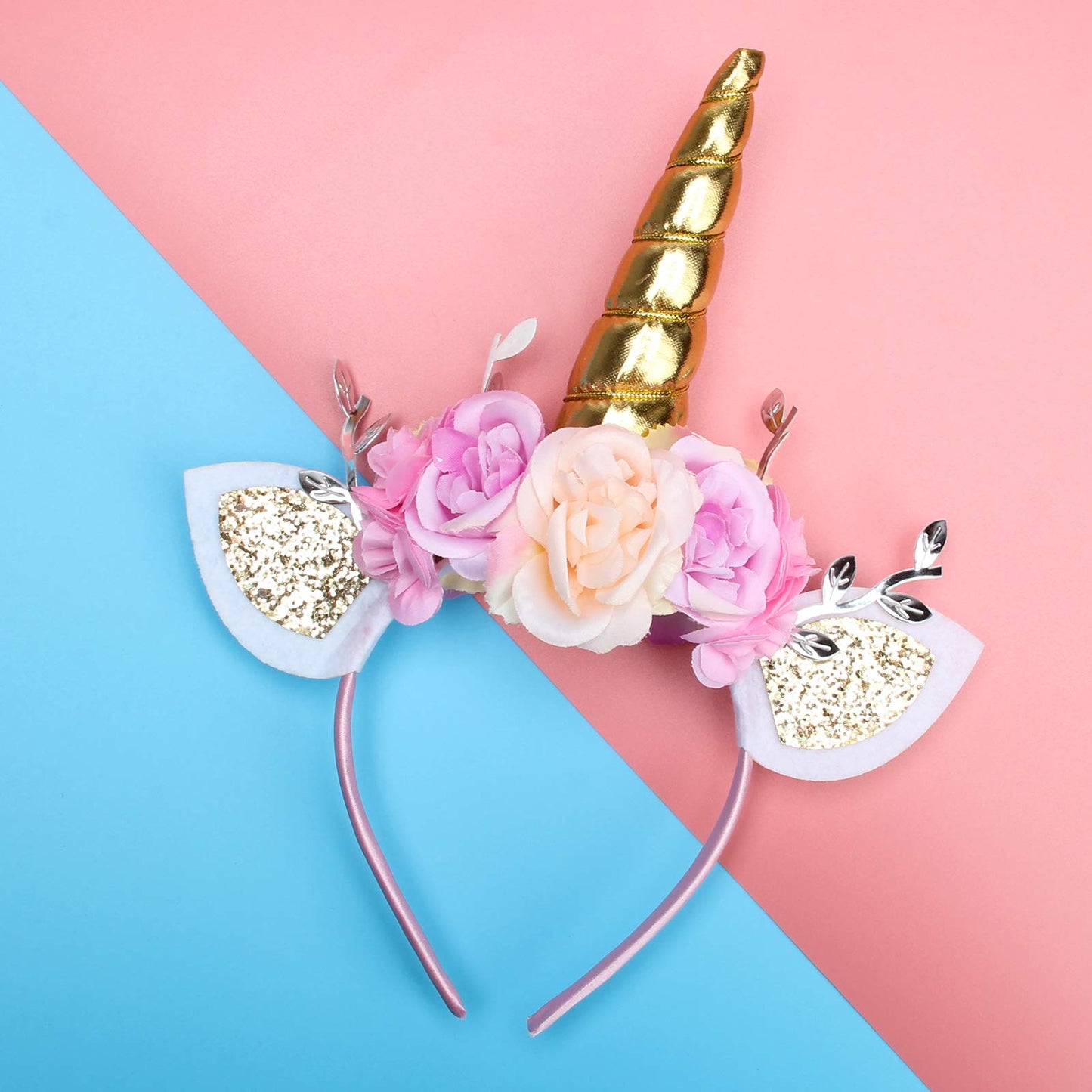 AHIER Unicorn Headband Gold Horn for Unicorn Birthday Party Decorations Supplies Flowers Cat Ear Head (Unicorn Headband)