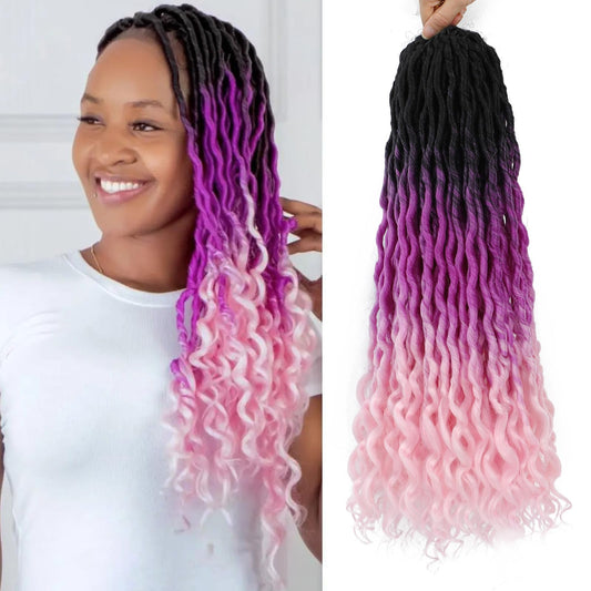 Goddess Locs Crochet Hair 18 Inch 6 Packs Ombre Faux Locs Crochet Hair Pre Looped Crochet Faux Locs with Curly ends Soft Loc Hair Extensions for Women(18 Inch,6 Packs,1B/Purple/Pink)