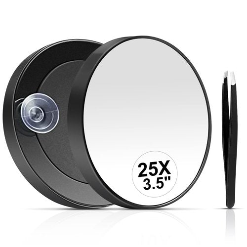 MIYADIVA 25X Small Magnifying Mirror Suction Cup, 25X Magnifying Mirror and Tweezers, As a Mganifying Makeup Mirror, Small Mirror Set for Blackhead Removal 3.5 Inches