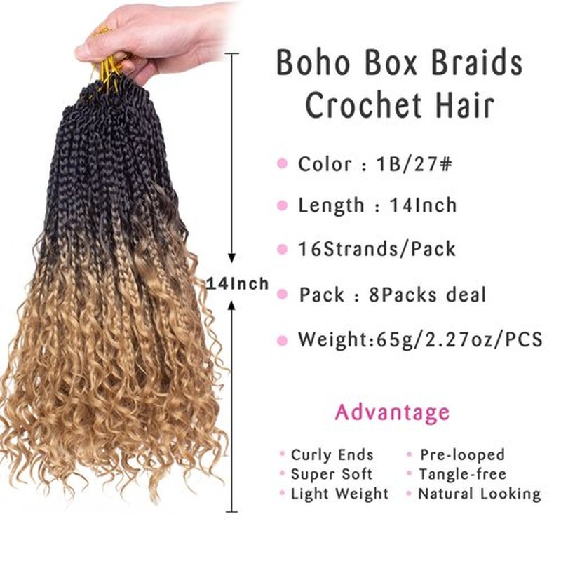 Unionbeauty 14 Inch Boho Box Braids Crochet Hair with Curly Ends Pre-looped 8 PCS Messy Goddess Locs Bohemian Hippie Braids Water Wavy Hair Synthetic Braiding Hair Extension for Black Woman 1B/27#