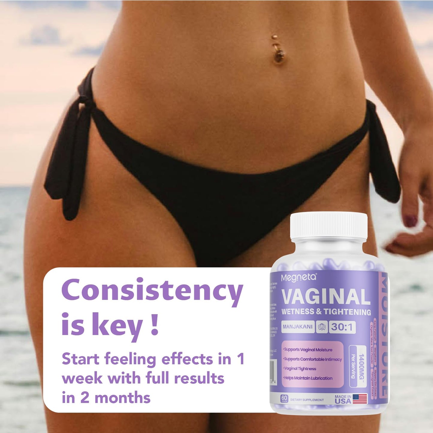 MEGNETA Vaginal Tightening, Moisture Support, 60 Vegan Capsules