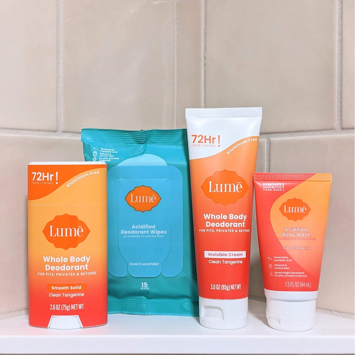 Lume Skin Care Gift Set for Women, Whole Body Deodorant Starter Pack -Smooth Solid Stick, Invisible Cream Tube, Acidified Body Wash Mini & Deodorant Wipes -Aluminum Free Odor Control (Toasted Coconut)