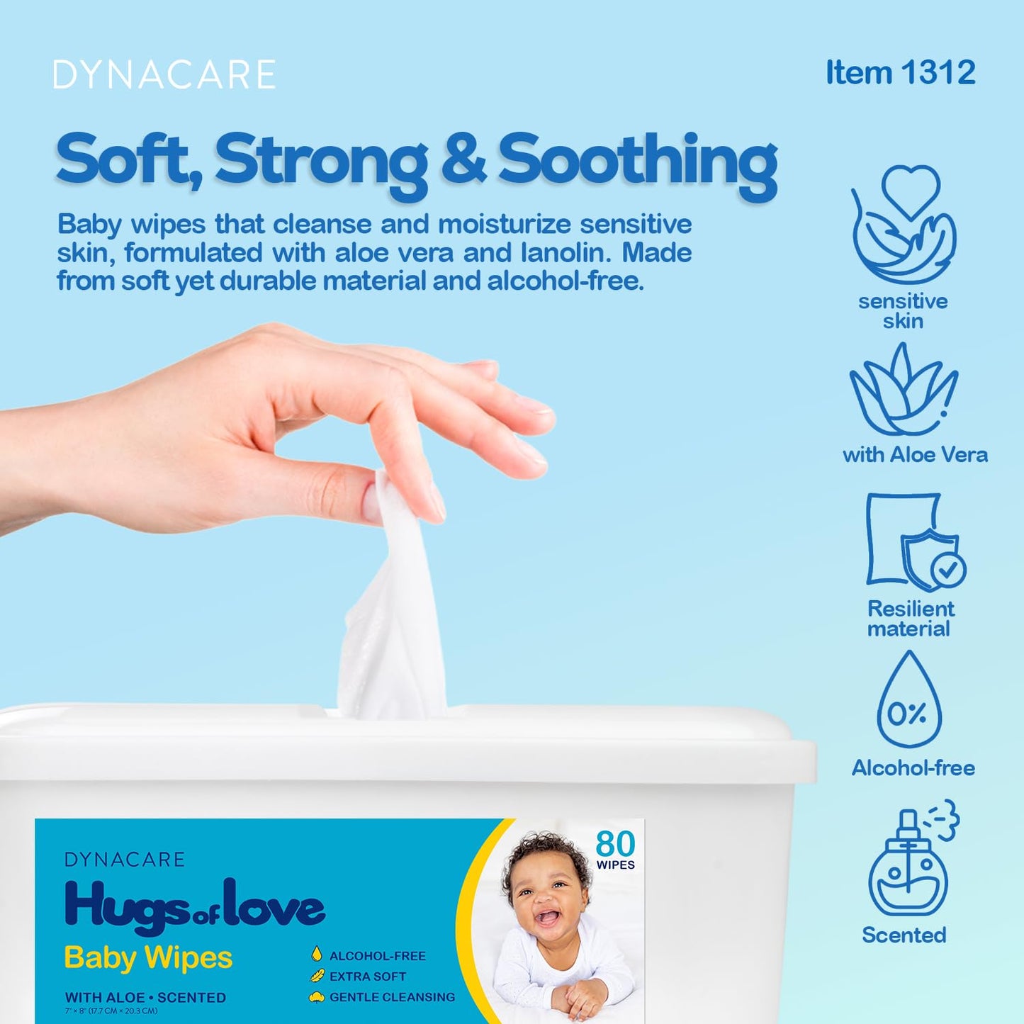 Dynarex DynaCare Hugs of Love Baby Wipes - Scented - Large - Alcohol-Free Wipes with Aloe & Lanolin, Safe for Sensitive Skin - 80 Wipes per Tub