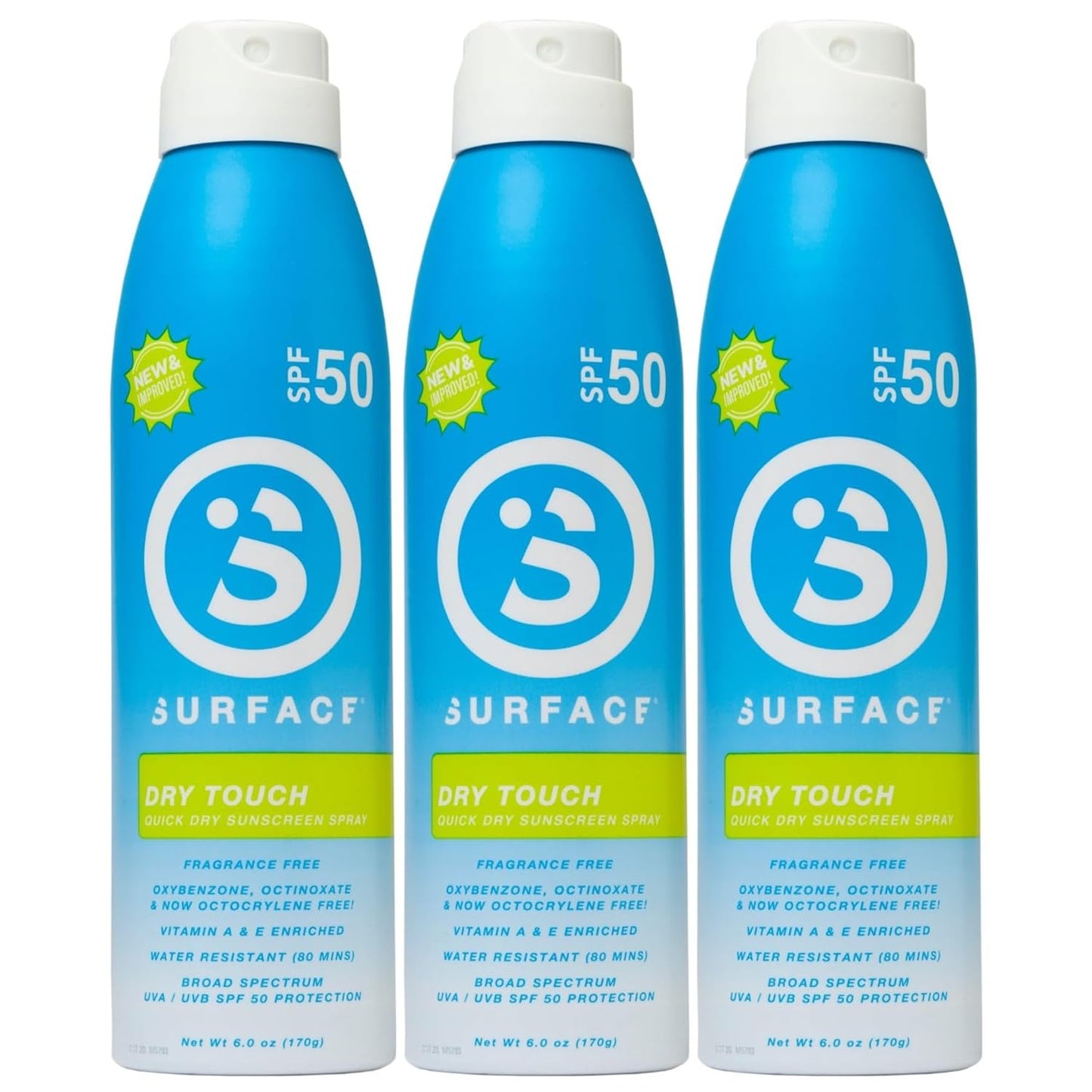 Surface Dry Touch Spray Sunscreen, Water Resistant, UVA/UVB Broad Spectrum, Fast Drying Protection, PABA Free - 6oz - SPF 50-3 PACK Reef Friendly, No Microplastics Formula