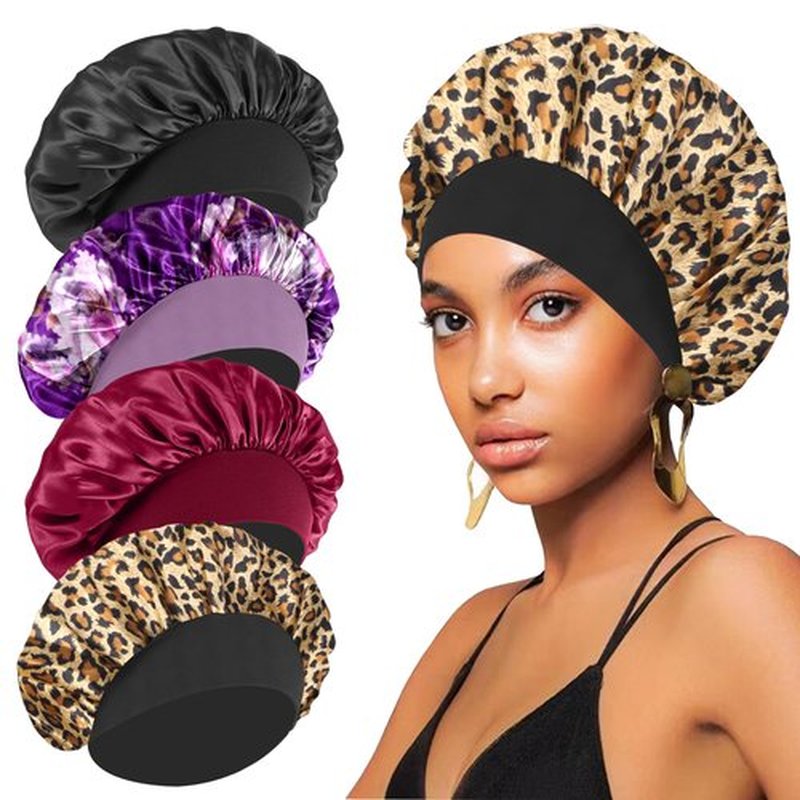 4PCS Silk Hair Bonnet for Sleeping,Hair Wrap Satin Bonnets Shower Cap for Black Women Men, Elastic Wide Band Hair Bonnet Cap for Sleeping Curly Hair(Black & Wine Red & Purple Print & Leopard Pattern)