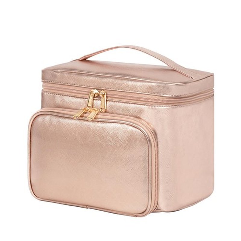Makeup Bag Organizer,Travel Makeup Bags for Women,Cosmetic Case Organizer Fits Bottles Vertically, Toiletry Bag with Adjustable Dividers and Lipstick Organizer Holder - Rose Gold