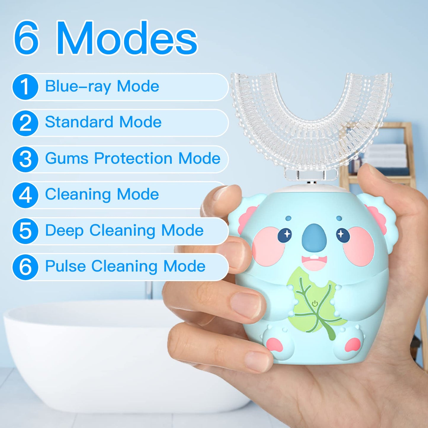 ELOTAME Cartoon Kids U Shaped Electric Toothbrush with 4 Brush Heads,Full Mouth 360-Degree Cleaning Sonic Automatic Toothbrush with IPX7 Waterproof (8-15 Age Blue Koala Without Cup)