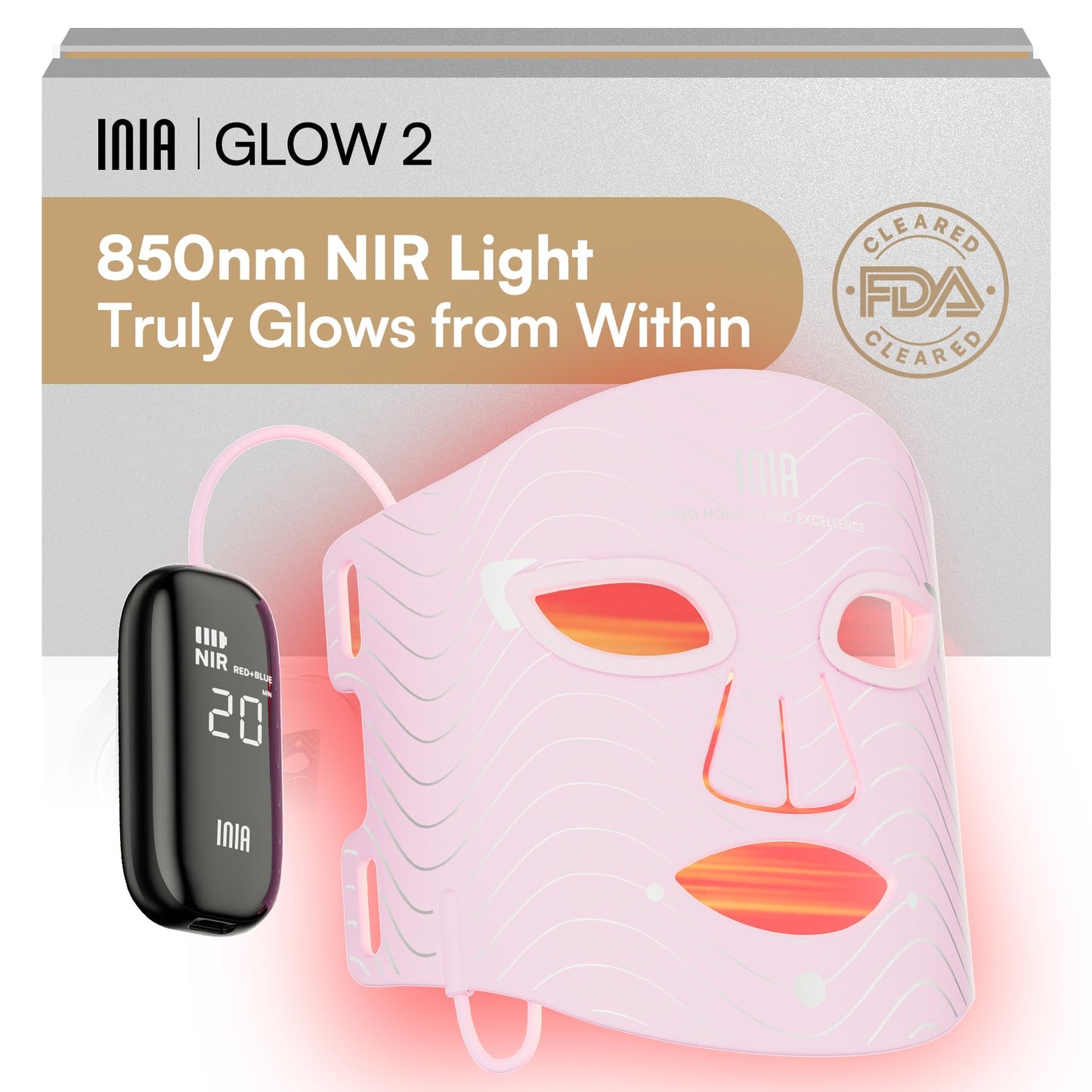 INIA Red Light Therapy Mask for Face, 850nm NIR, Red/Blue LED Light 4 Modes