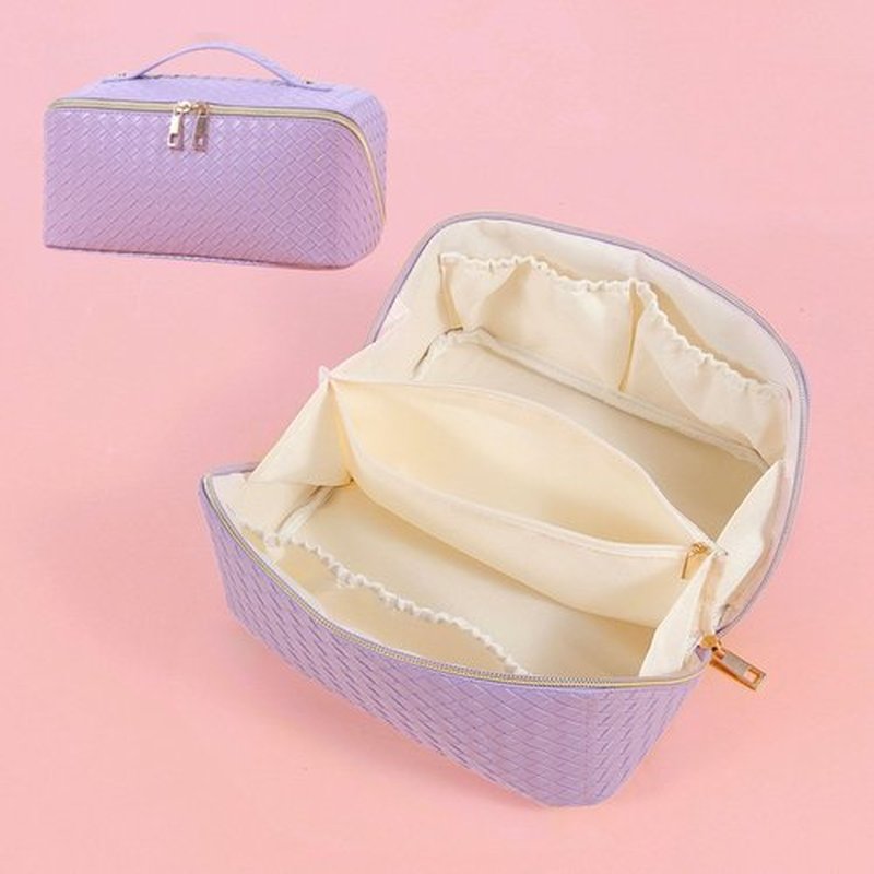 Large Capacity Makeup Bag, Cosmetic Bag Leather Woven Cosmetic Travel Bag Roomy Double Layer Makeup Bags for Women Makeup Pouch Portable Zipper Bags (Purple)