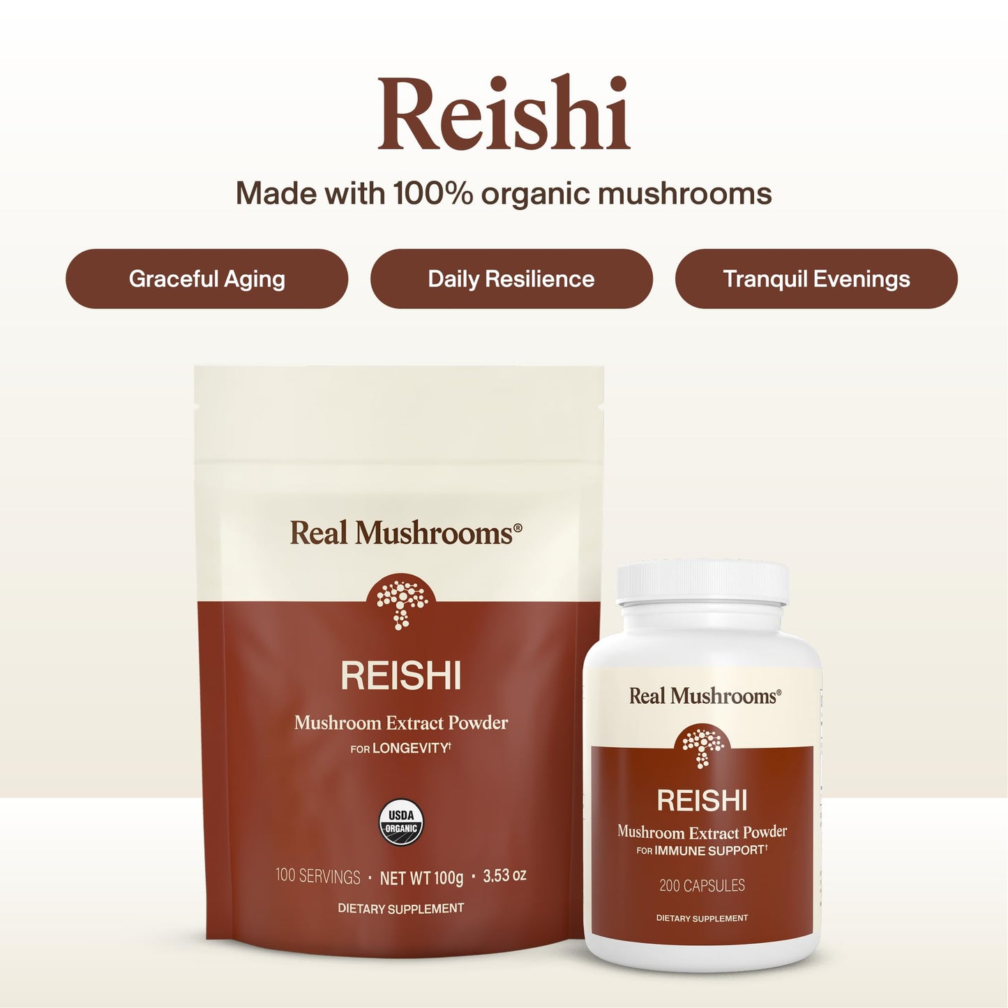 Real Mushrooms Reishi Mushroom Powder - Handpicked Organic Mushroom Extracts - Red Reishi for Tranquil Daily Wellness with Verified Beta Glucans Vegan, Non-GMO, No Grain Fillers, 100 Servings