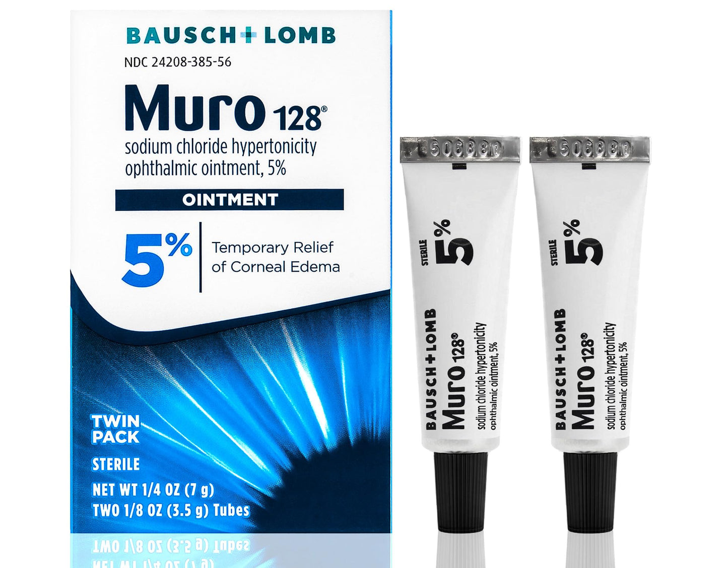 Bausch + Lomb Muro 128 Ointment, Temporary Relief of Corneal Edema, Eye Care, Sodium Chloride Hypertonicity Ophthalmic 5% Ointment, Twin Pack, Two 3.5 g (0.12 Oz) Tubes, 0.25 Ounce Total