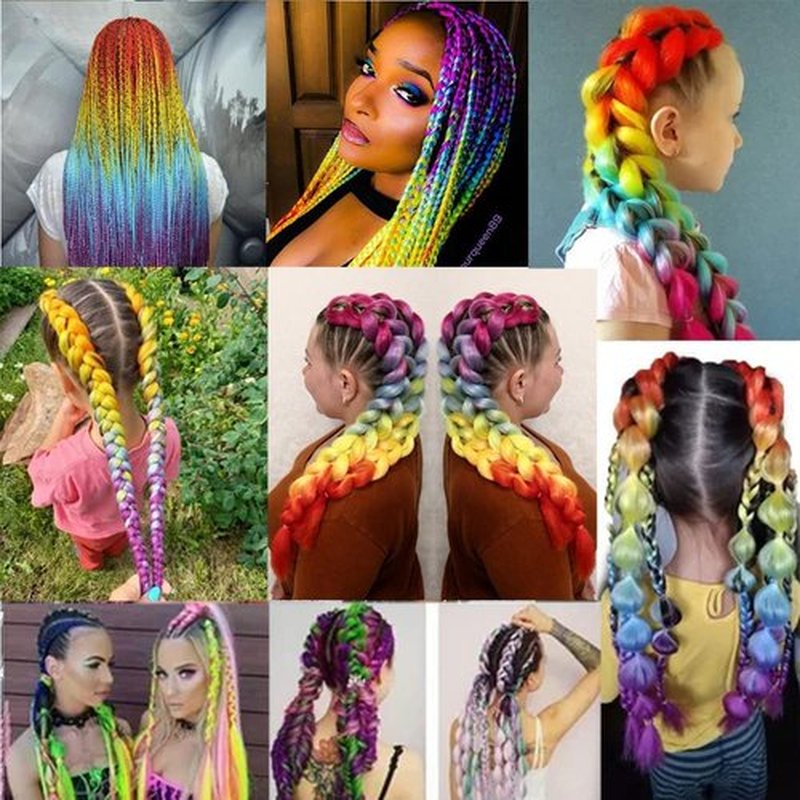 Jumbo Braiding Hair Fiber Silky Colorful Twist Braiding Hair 3pcs Rainbow Colors Extensions Synthetic Hair Orange Yellow Blue Purple Synthetic Fiber Soft Healthy (24 Inch 3pcs)